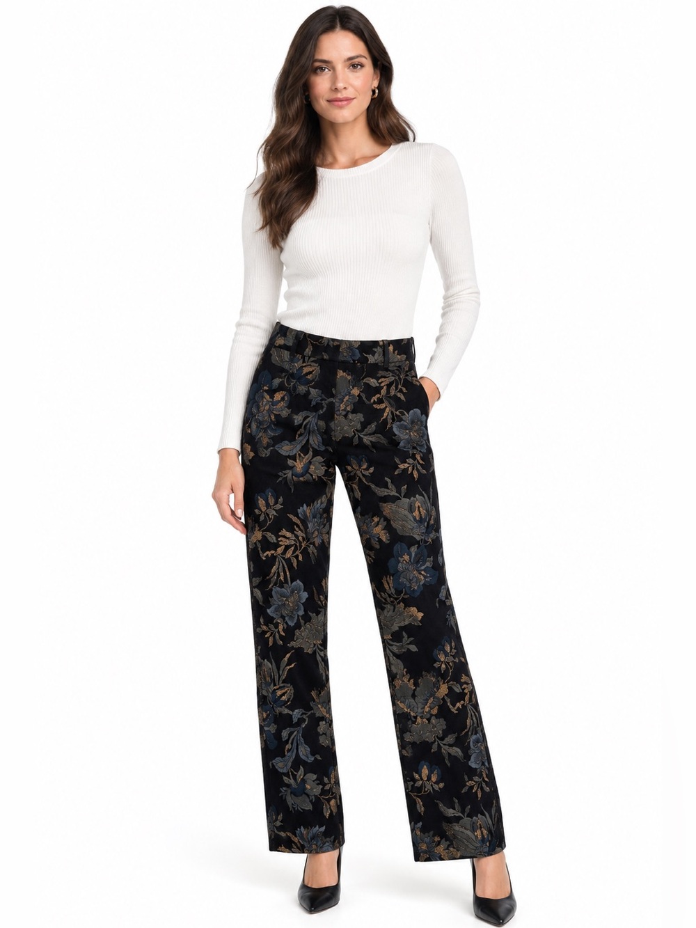 CAMBIO Floral Jacquard Trousers Black Blue Bronze Straight Leg Pants